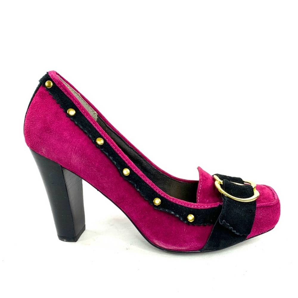 Naughty Monkey Women Size 9.5 Fuchsia Suede Stacked Heel Pump Shoe Front Accent